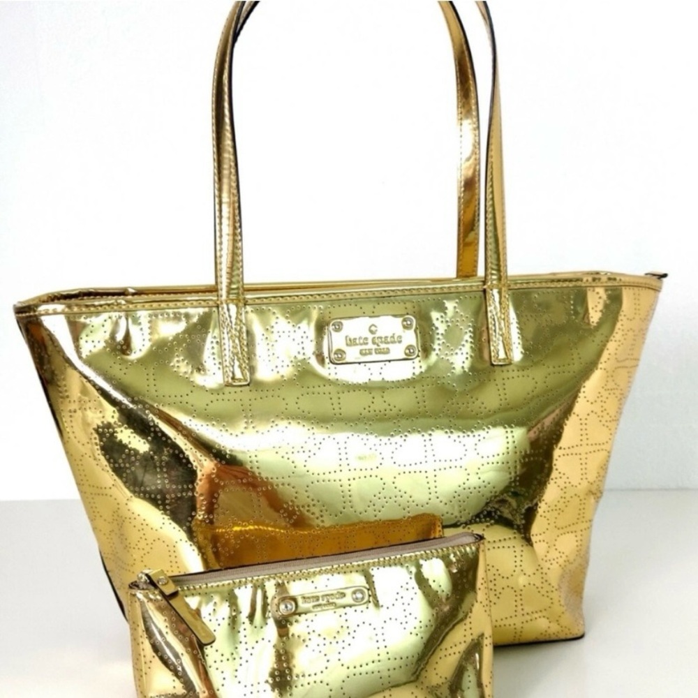 Kate Spade 2pc set  Metro Spade Gold Tote and matching NWT Shiloh Pouch Set $356
